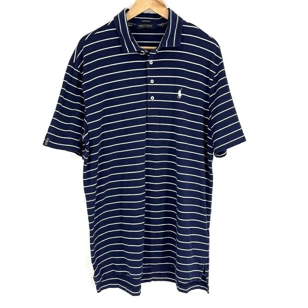 Polo Golf Ralph Lauren Shirt Size Large Mens Navy Stripe Lisle Plaid Trim Wick